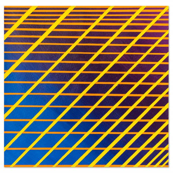 Image of a painting with a colored grid that shifts perspective.