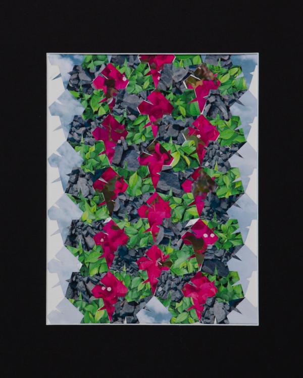 A tessellation collage with pinks and greens.
