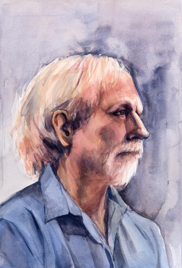 Watercolor portrait of a man from the side view.