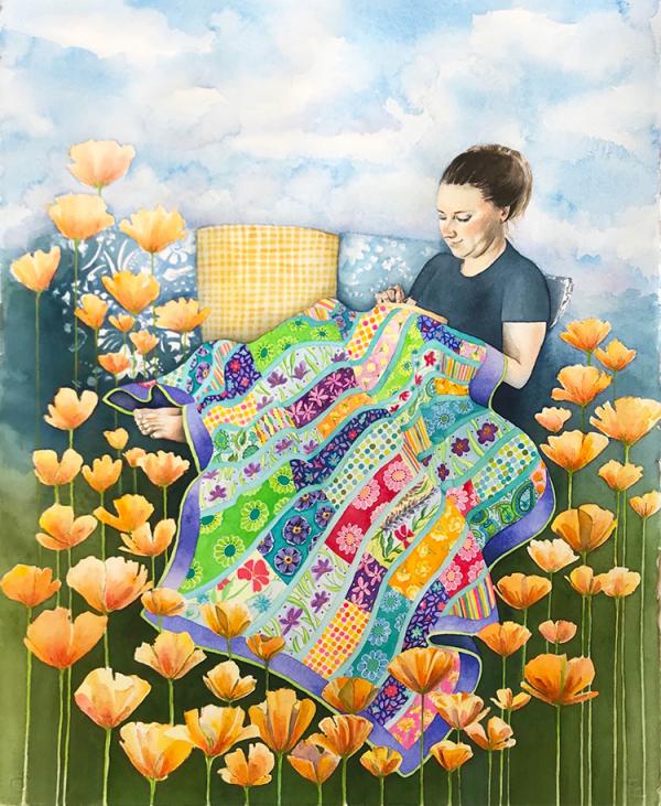 Watercolor painting of a figure working on a quilt surrounded by flowers.