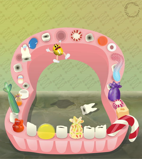 Digital illustration of a mouth with rotten teeth and candy.