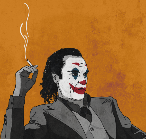 Digital portrait of "The Joker" smoking a cigarette. 