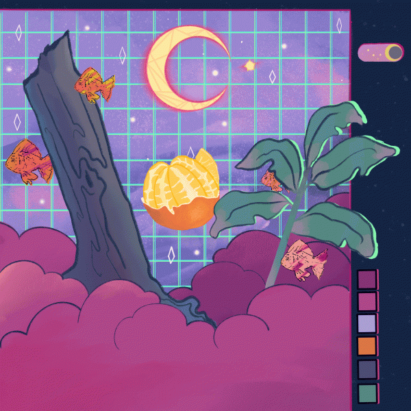 Digital gift of a plant, an orange, some fish, clouds in a night sky.