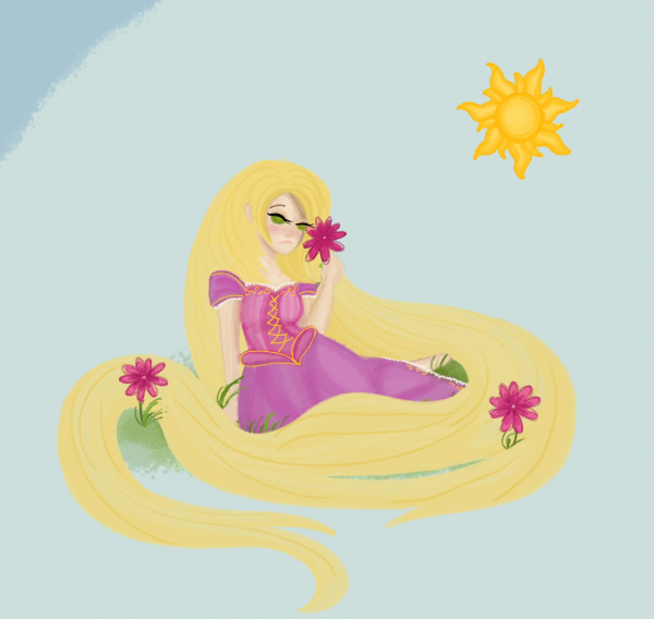 Still of an animation of a female figure tangled in her hair, as the scene transitions from day to night.