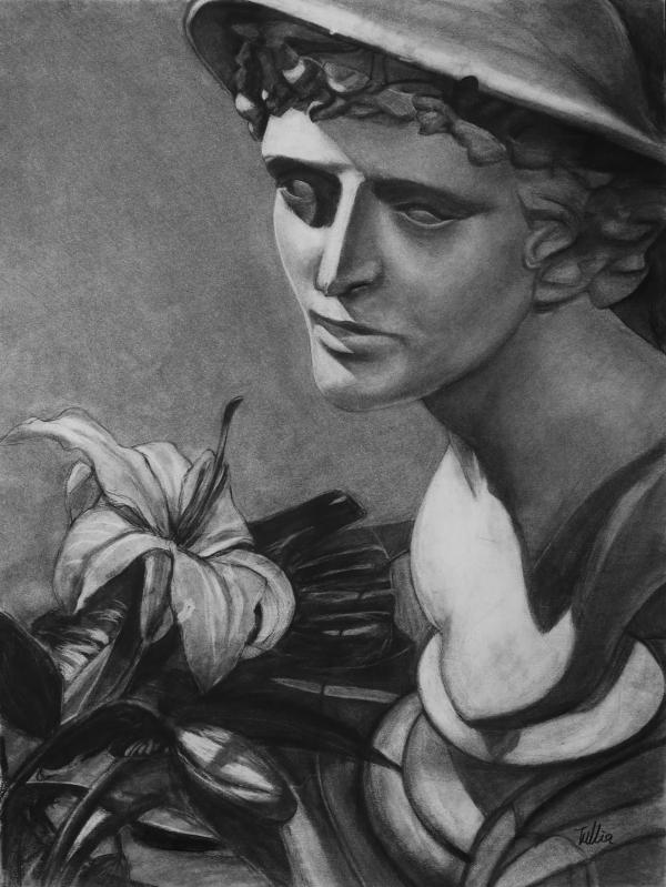Drawing of a bust and a hibiscus flower.