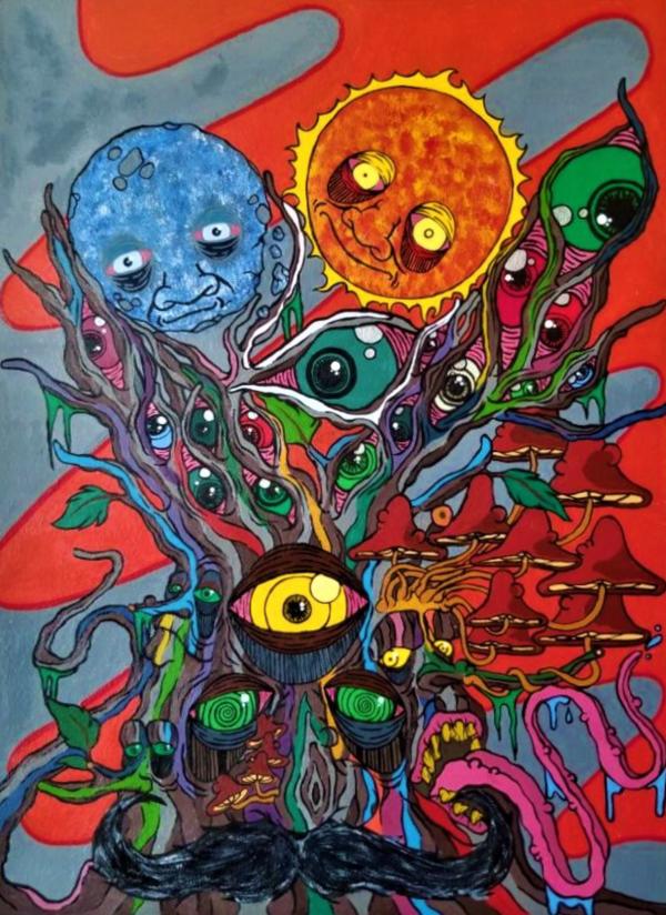 Colorful painting with a tree made out of eyes.