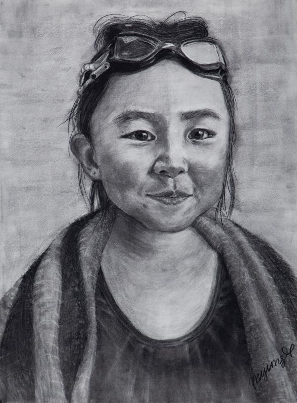 Drawing of girl in googles with a towel wrapped around her shoulders.