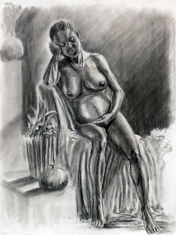 Life drawing of a pregnant female figure sitting.