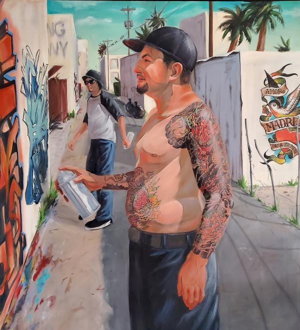 Painting of two men in an alley, one making graffiti art.