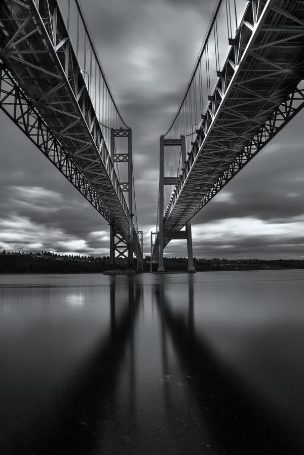 Black and white photograph a bridge in Tacoma, Washington.