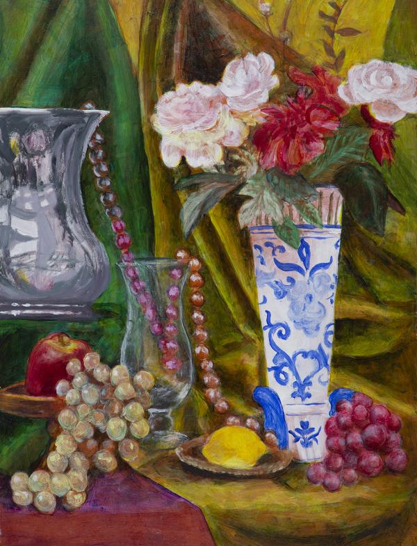 Image of a still life arrangement with a vase, flowers and fruit in the foreground.