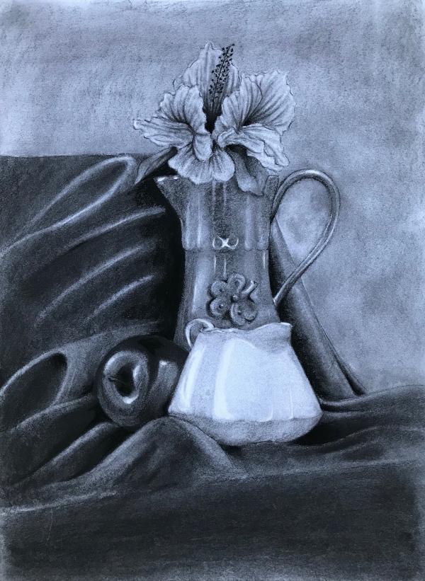 Drawing of a still life with a vase holding hibiscus flowers