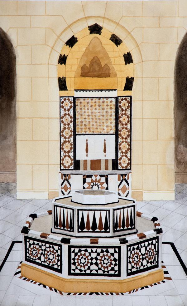 Watercolor painting of a geometric fountain.
