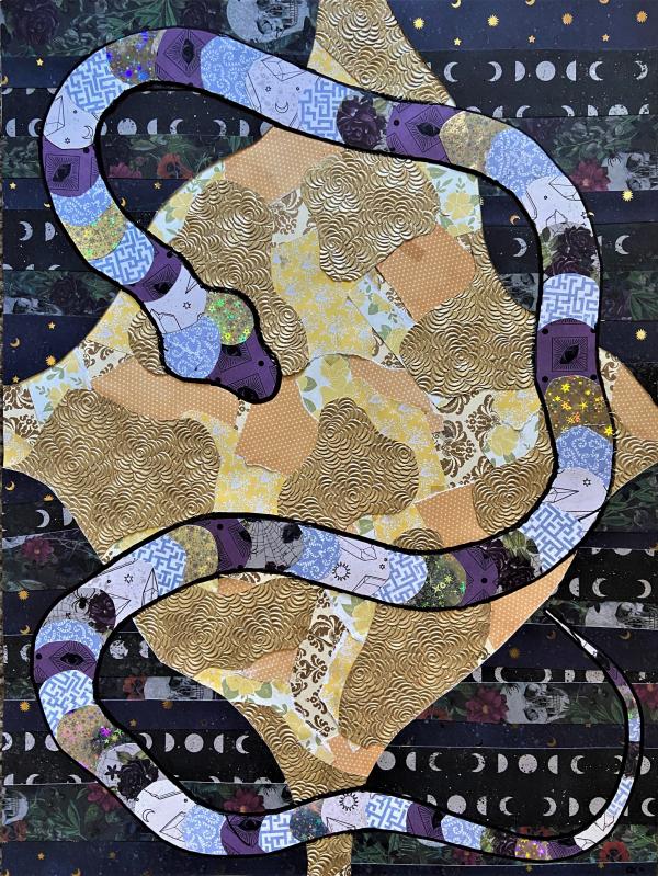 Image of a collage of a variegated purple snake, on a gold and dark background.