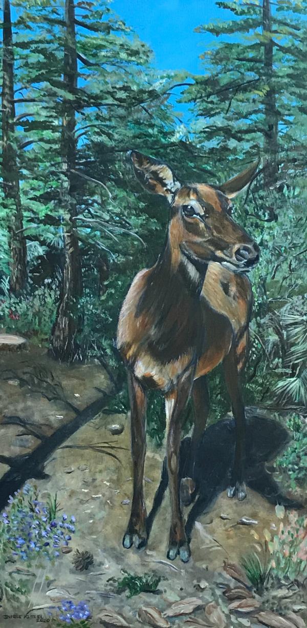 Painting of a deer in the forest, trees in the background.