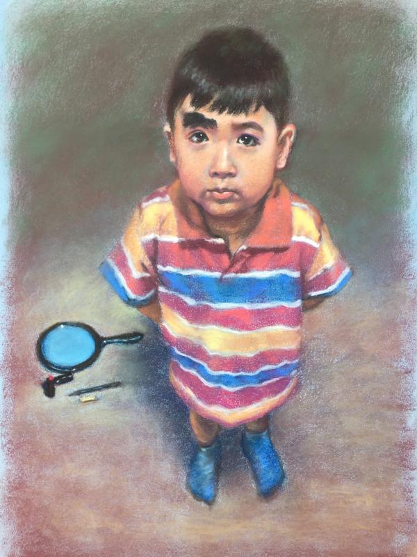 Drawing of a boy looking at the viewer with makeup and a mirror on the ground.