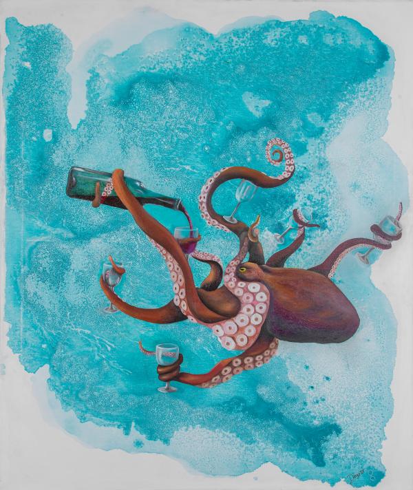 Image of octopus holding wine glasses and wine in its arms.