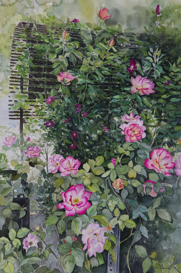 Watercolor plein air painting of the Rose Gardern at MCC.