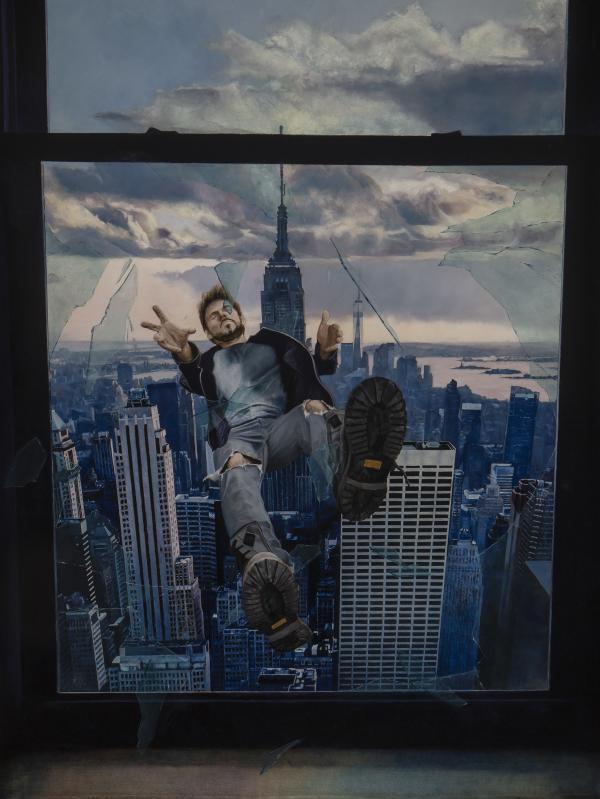 Image of a figure falling from a window with a cityscape in the background.