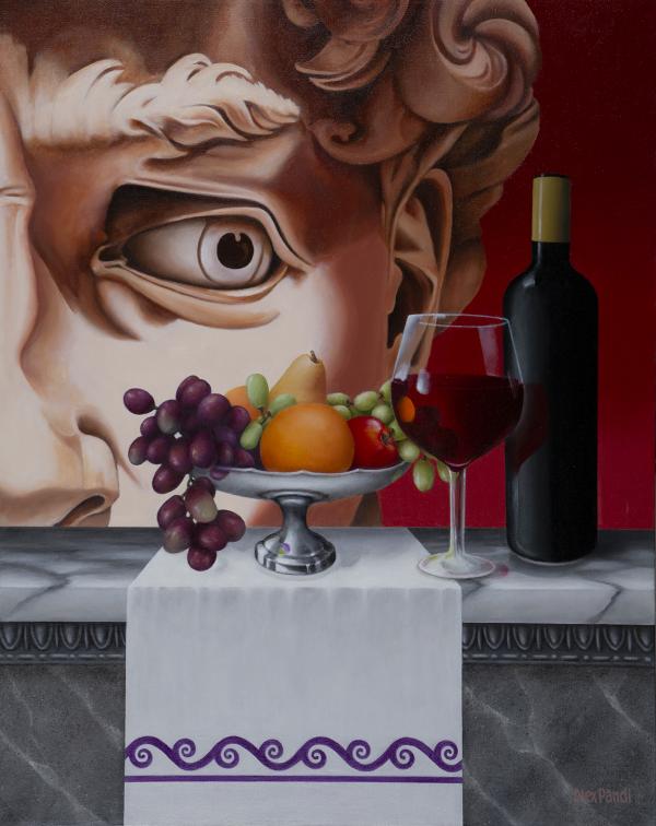 Still life painting with wine and fruit in foreground, close up of statue in background referencing Michelangelo's David.