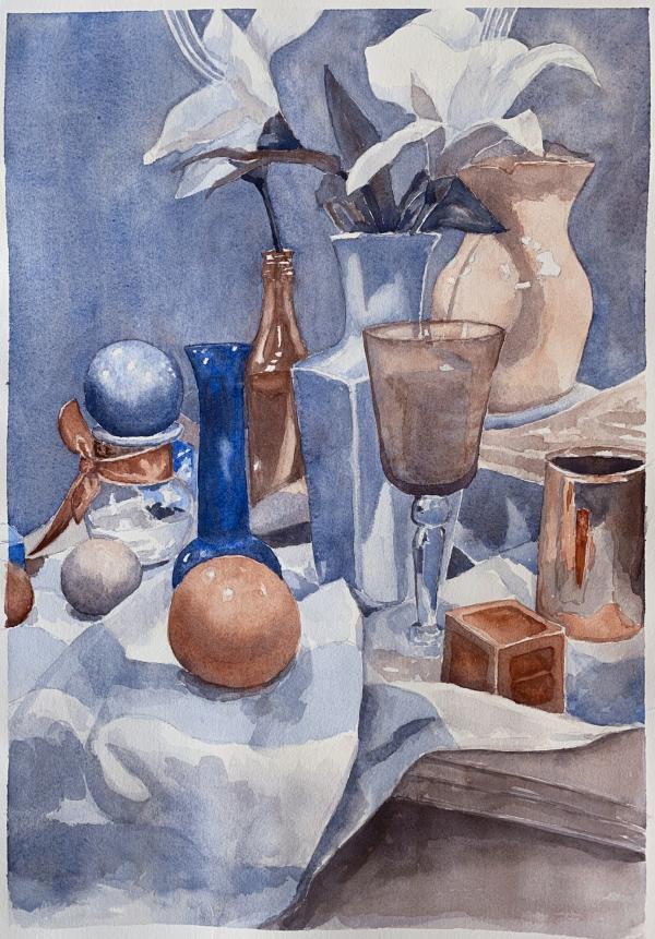 Watercolor painting of a still life arrangement in neutral tones, of white, brown and blue.