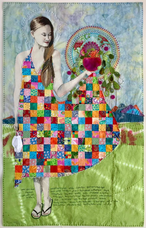 Fiber art of a girl wearing a patchwork dress.