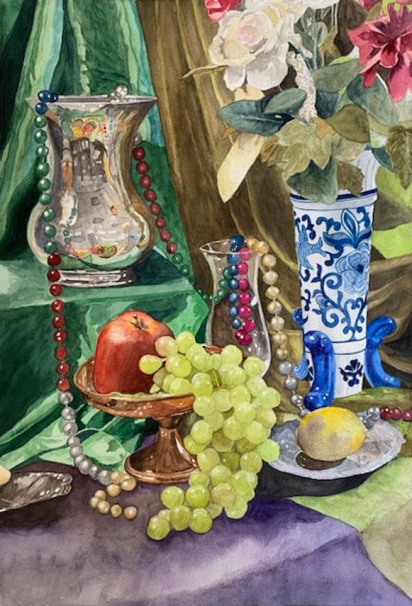 Watercolor still life of fruit, vases and beads.
