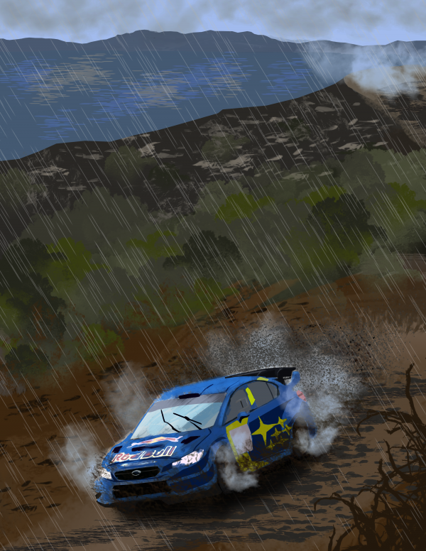 Digital illustration of a car off-roading in the rain.