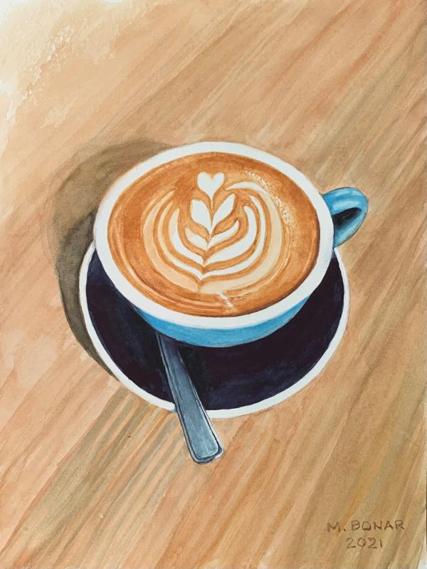 Painting of a cappuccino on a table.