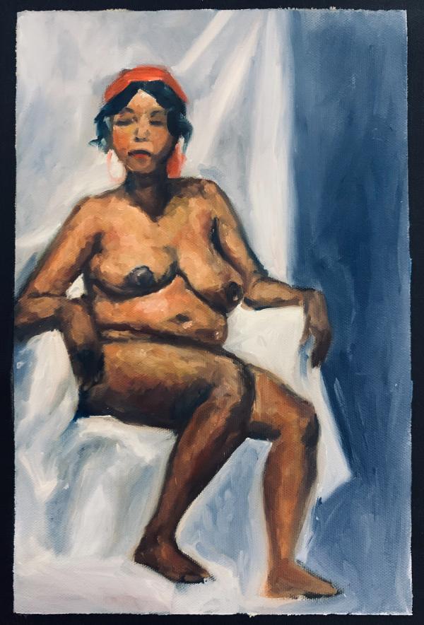 Figure painting of a nude woman sitting.