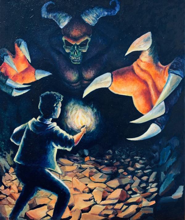 Painting of a figure with a light in front of a monster in a cave.