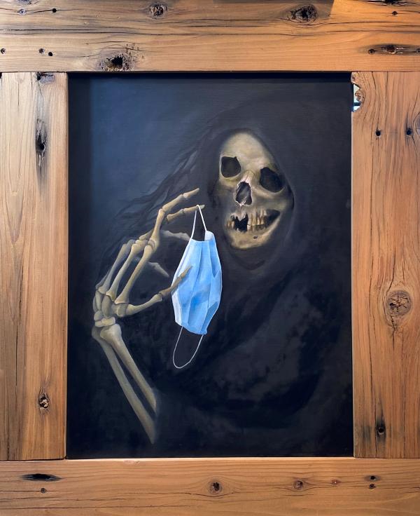 Oil painting of the grim reaper holding a mask.