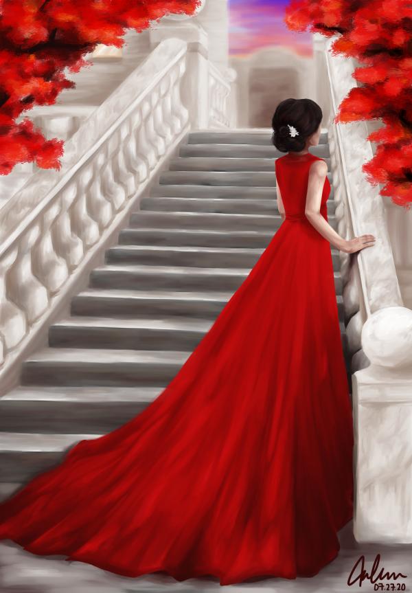Digital illustration of a woman in a red dress ascending the stairs.