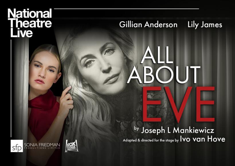 NT Live poster featuring woman peeking out from behind a curtain