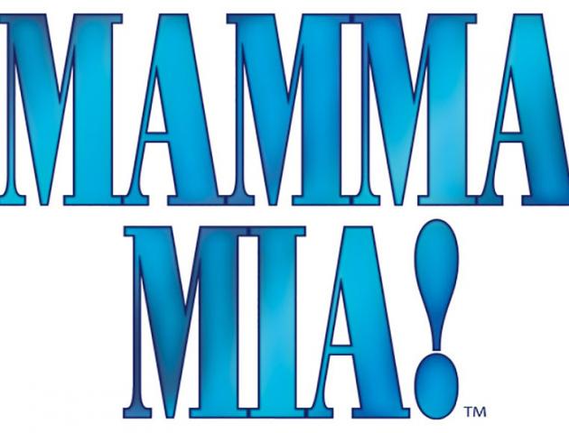 Mamma Mia blue text with an exclamation mark