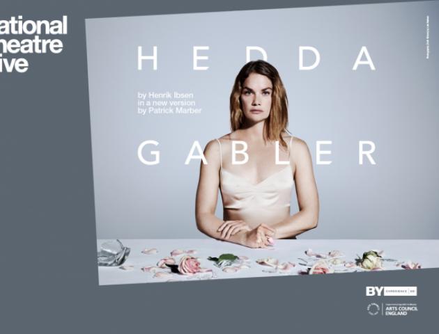 Hedda Gabler promotional poster featuring Hedda at a table covered with pink roses