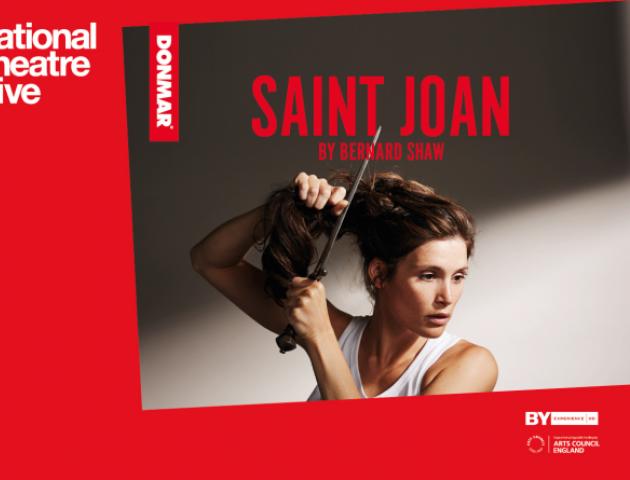 Promotional Poser for Saint Joan featuring Gemma Arterton cutting her hair with a dagger