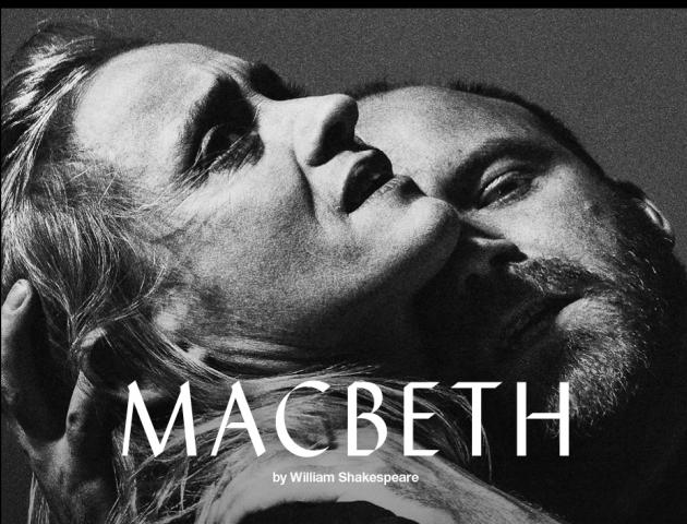 NT Live poster featuring Macbeth holding Lady Macbeth in a disturbing manner