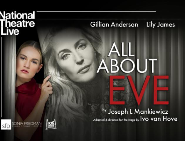 NT Live poster featuring woman peeking out from behind a curtain