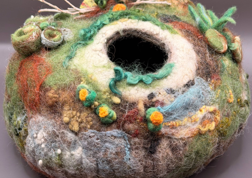 Image of wool felted seed pot with texture and organic shapes