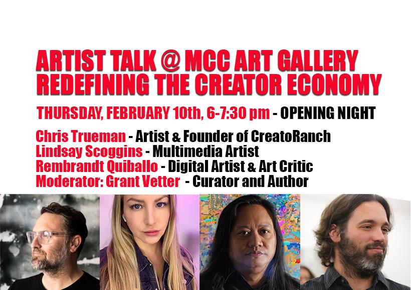 Artist Talk @ MCC Art Gallery with headshots of Trueman, Scoggins, Quiballe, and Vetter