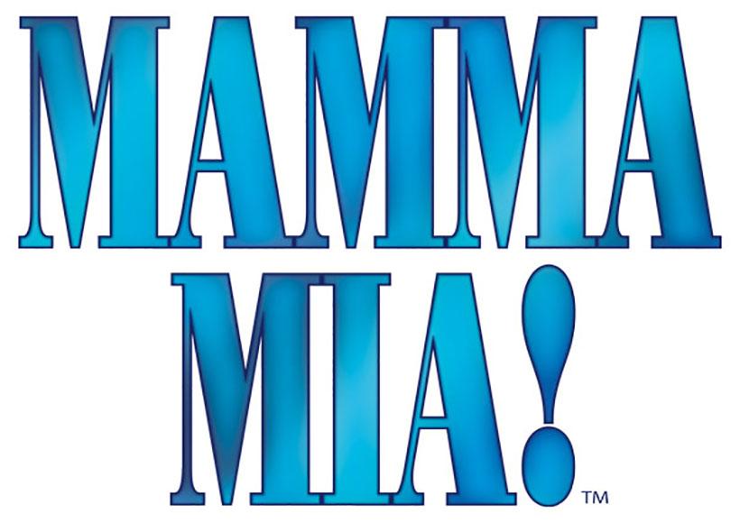 Mamma Mia blue text with an exclamation mark