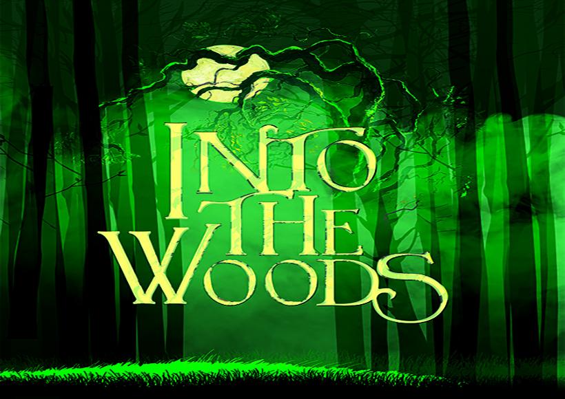 Illustrated forest at night with text Into the Woods.