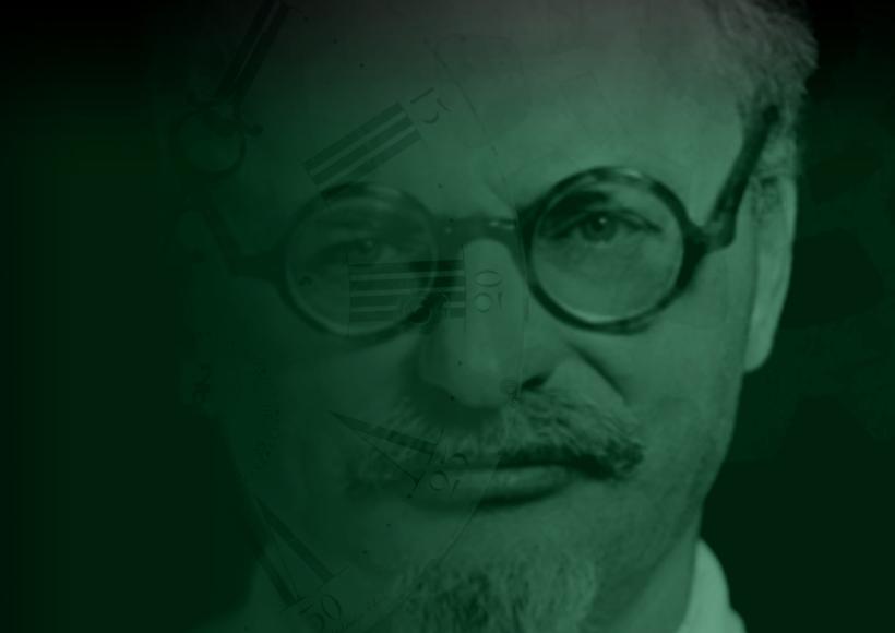 Portrait of a man with glasses; Clock overlay on left side. Green background.
