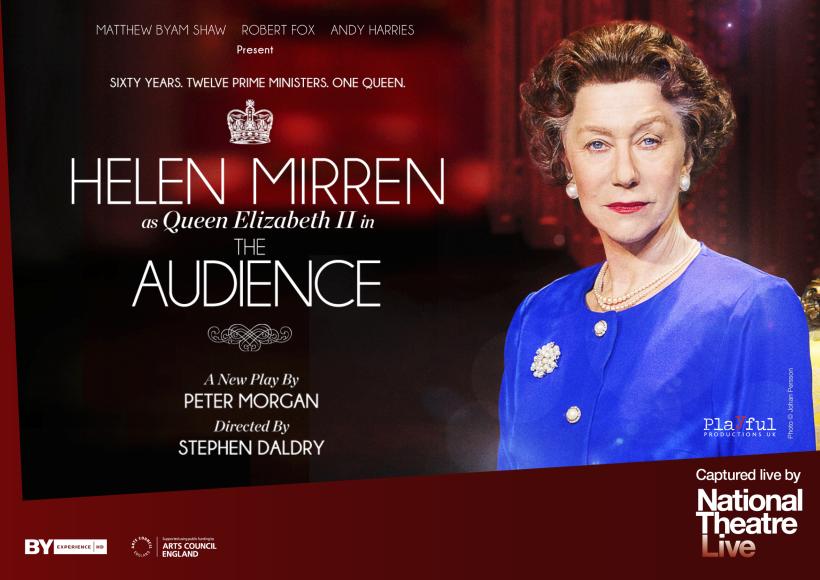 Portrait of Helen Mirren as Queen Elizabeth II wearing blue dress and pearls