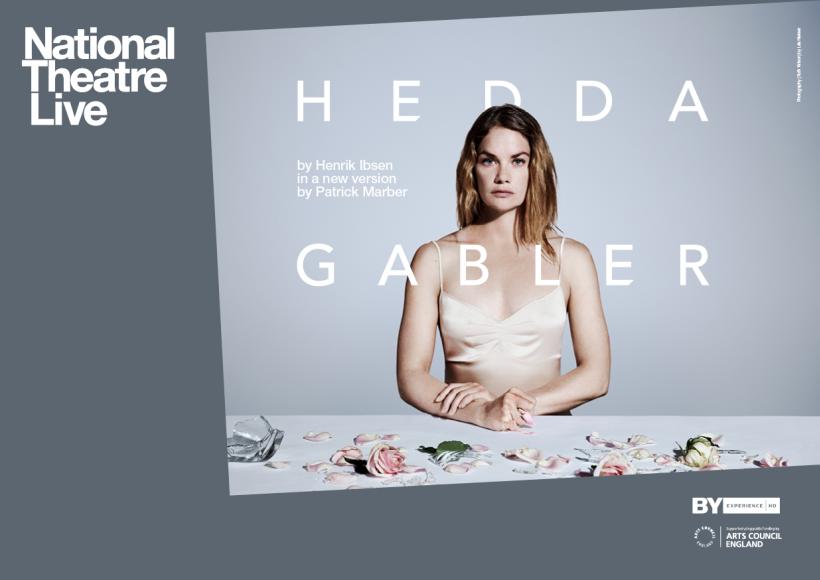 Hedda Gabler promotional poster featuring Hedda at a table covered with pink roses
