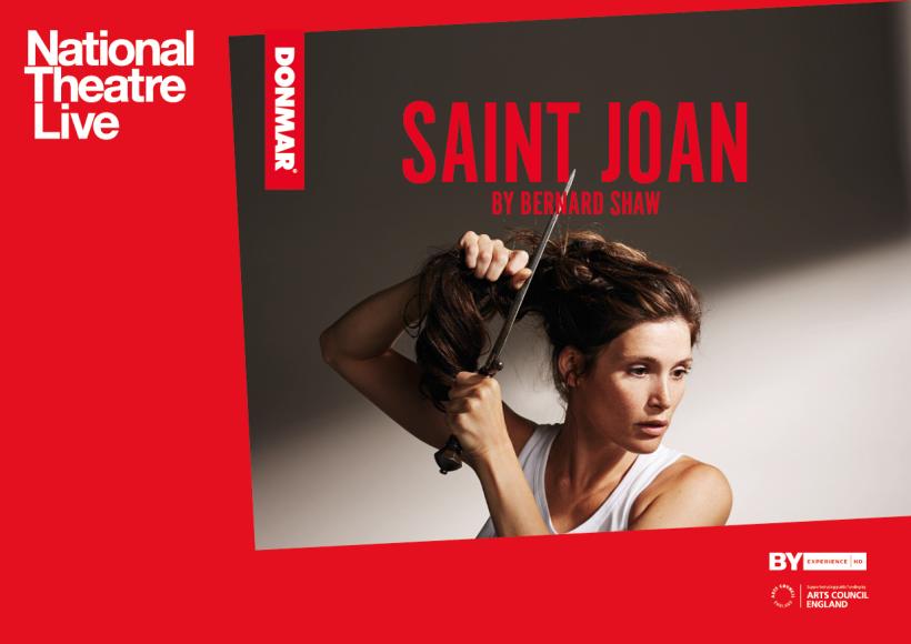 Promotional Poser for Saint Joan featuring Gemma Arterton cutting her hair with a dagger