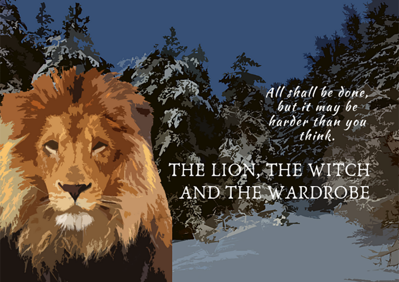 Lion in a snowy forest