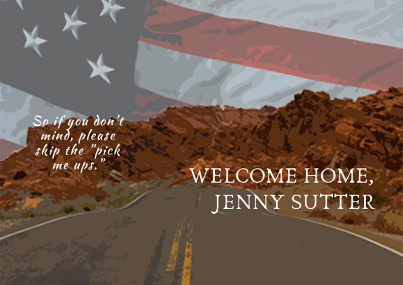 Desert highway with ghosted American flag in background