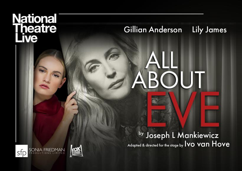 NT Live poster featuring woman peeking out from behind a curtain